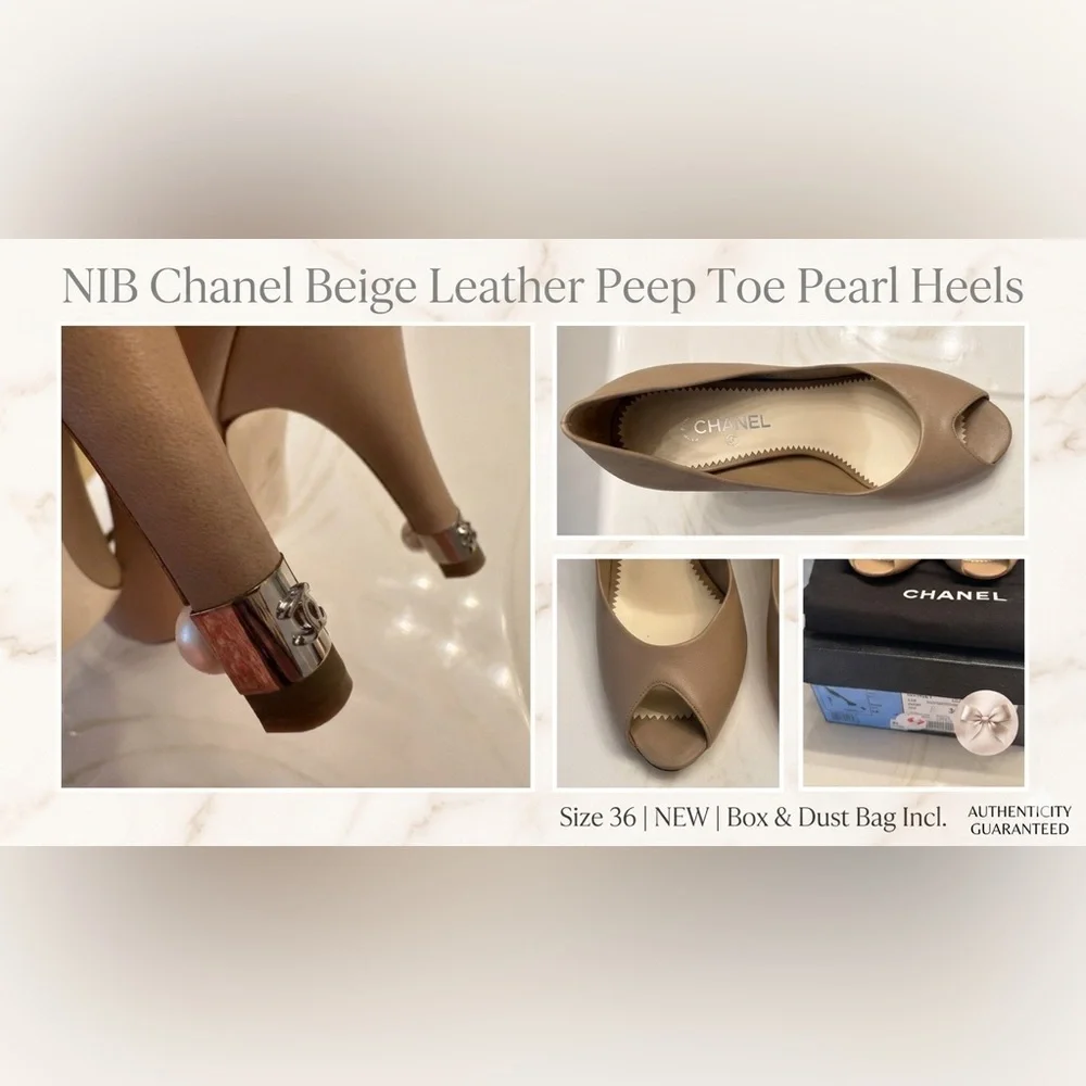 NIB Chanel Beige Leather Pearl Heel Peep Toe Pumps - Size 36